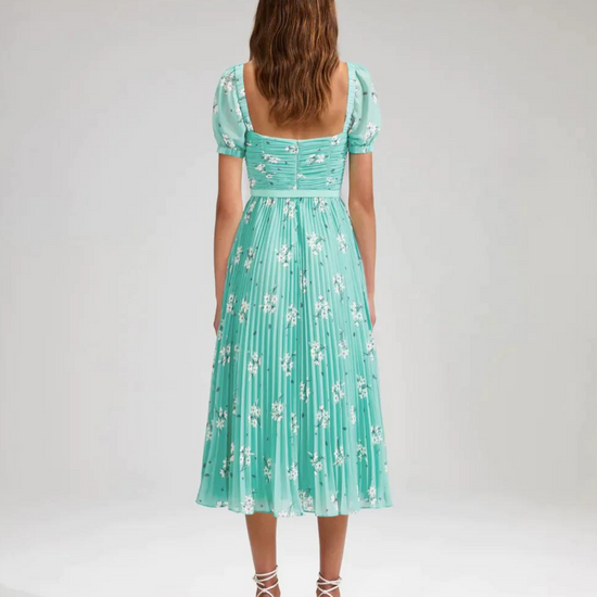 Aqua chiffon midi dress with short sleeves and pleated skirt with all over ivory floral print