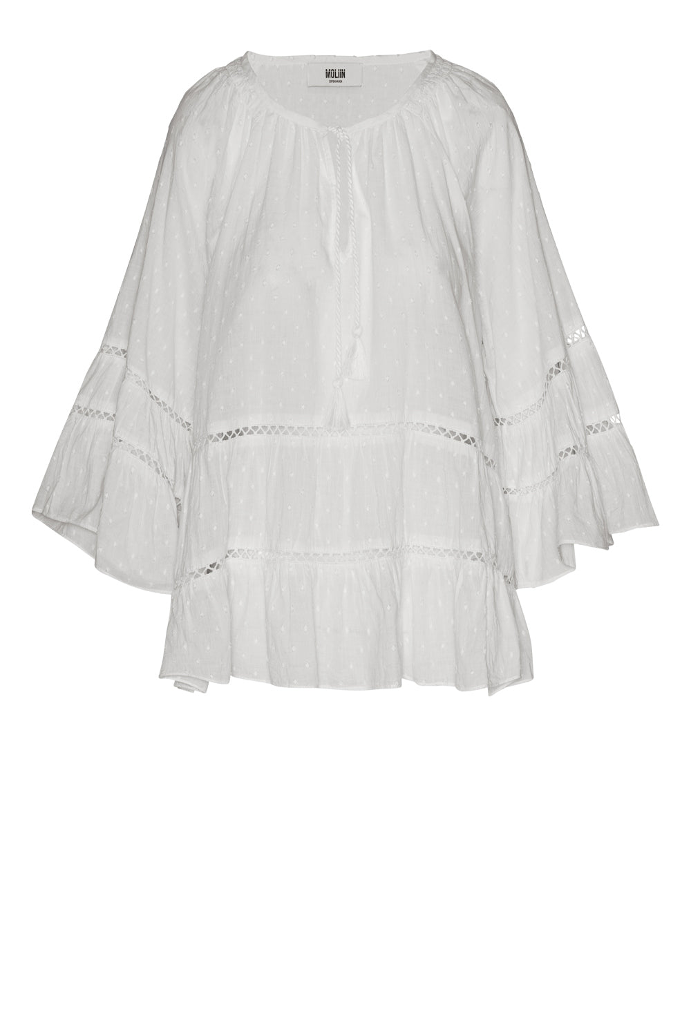 100% cotton white boho style blouse with a dobby spot and lace inserts