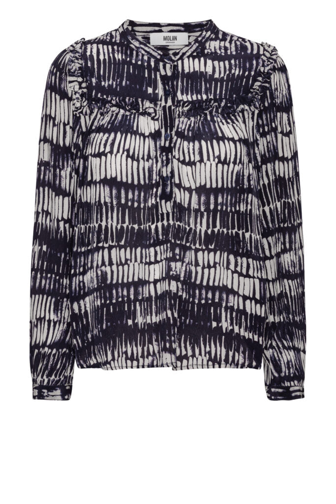 Abstract print navy and ecru top with half placket and ruffle details