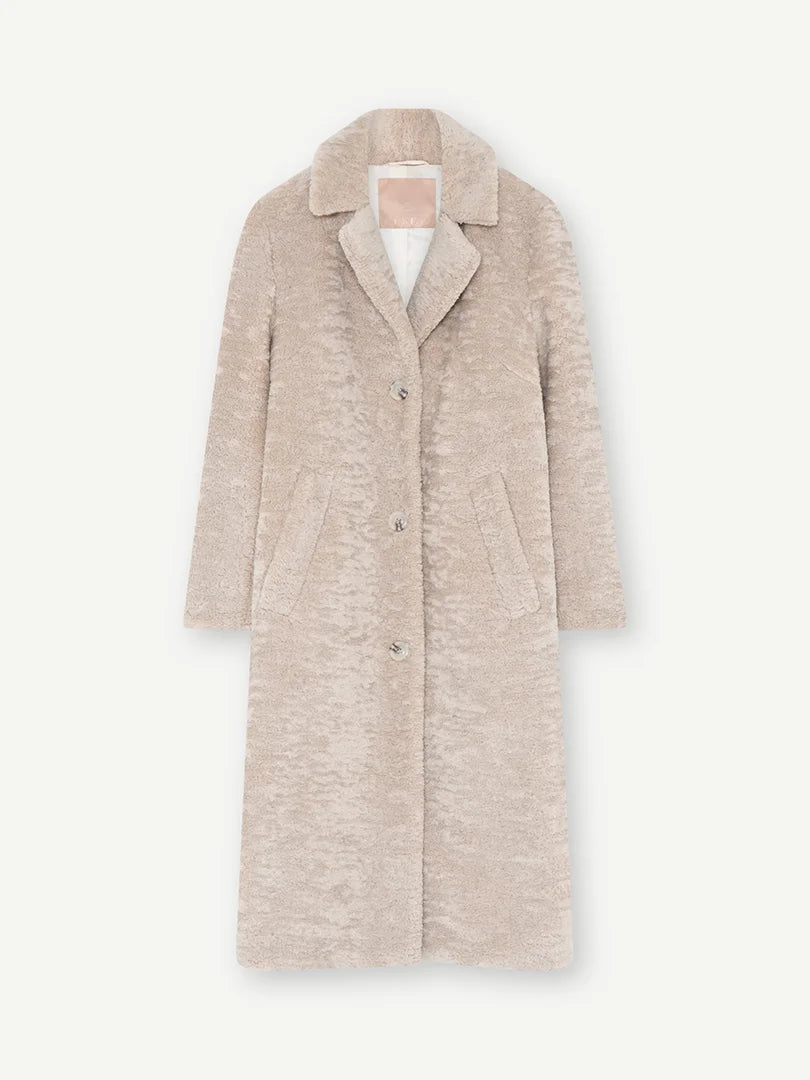 cream faux fur mid length coat