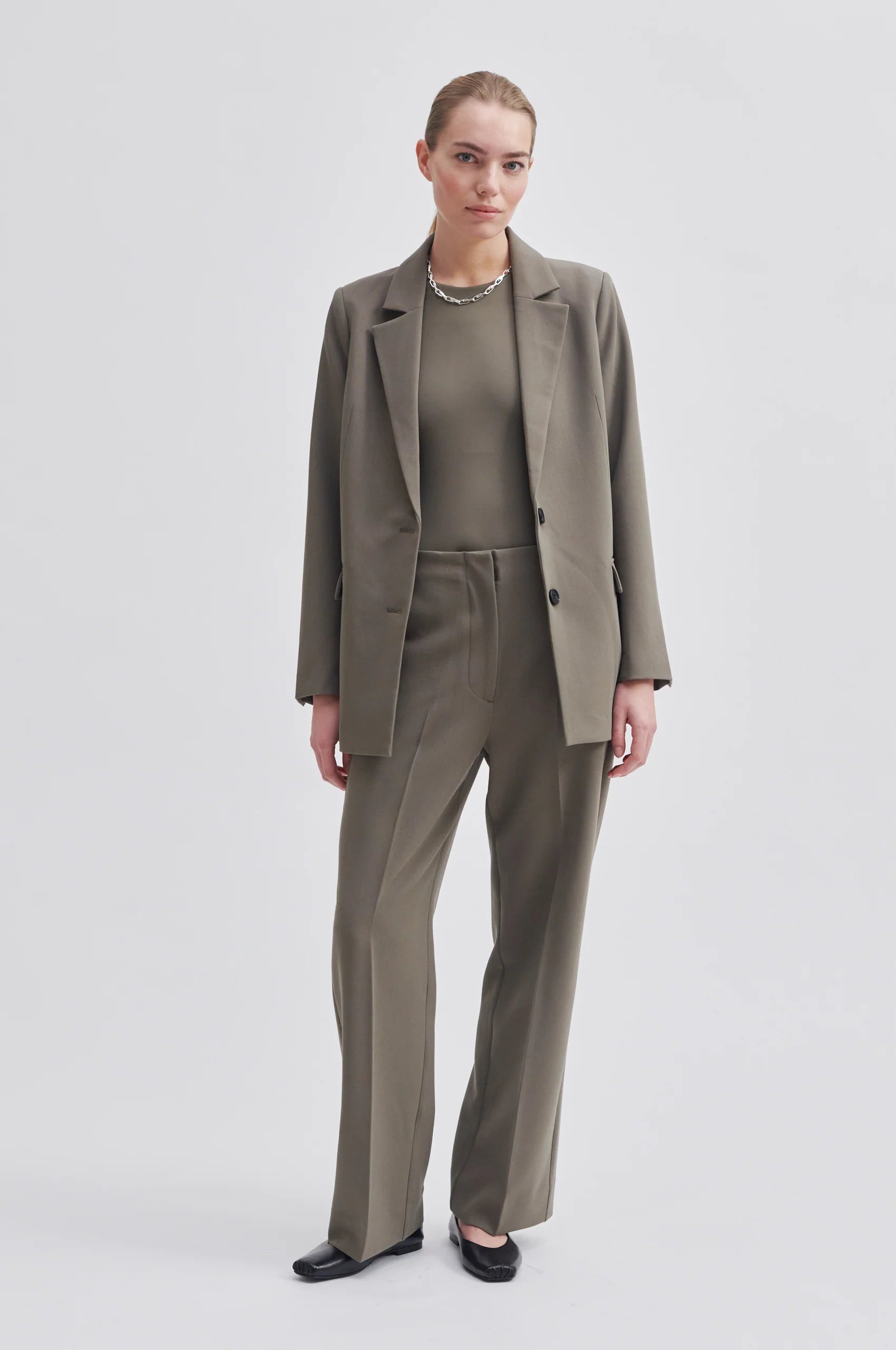 Khaki taupe flat fronted wide leg trousers