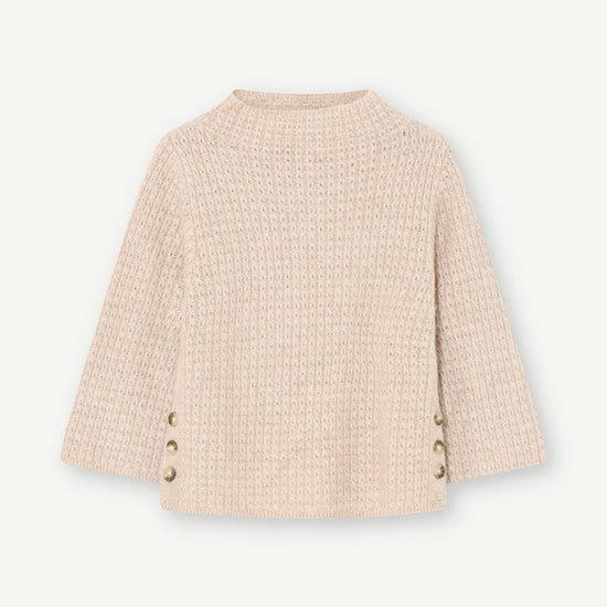 Textured funnel neck knit in sand with triple side button details