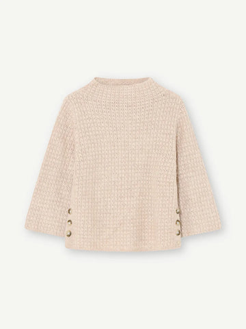 Textured funnel neck knit in sand with triple side button details