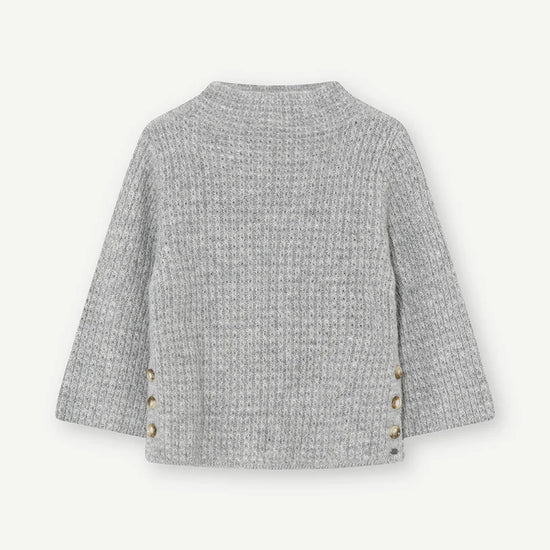 Grey textured funnel neck jumper with triple button fastening at the side