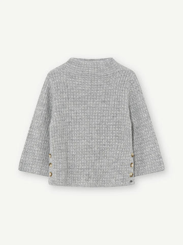 Grey textured funnel neck jumper with triple button fastening at the side