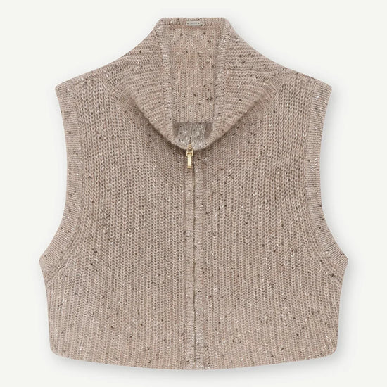 taupe zipped sleeveless neck/chest warmer with high neck