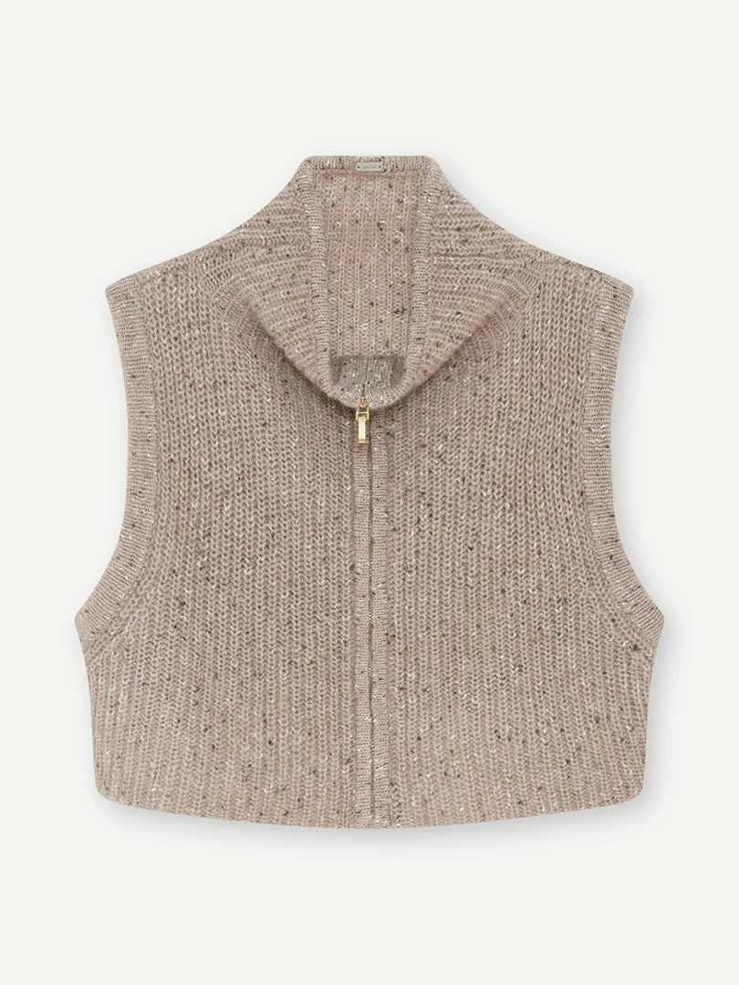 taupe zipped sleeveless neck/chest warmer with high neck