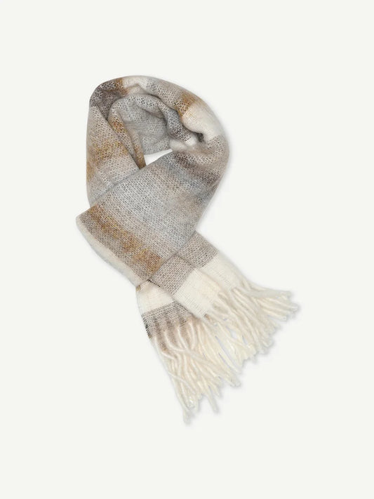 beige, brown and white striped wool scarf with tassels 