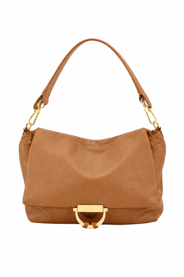 Tan leather handbag with gold hardware on a white background