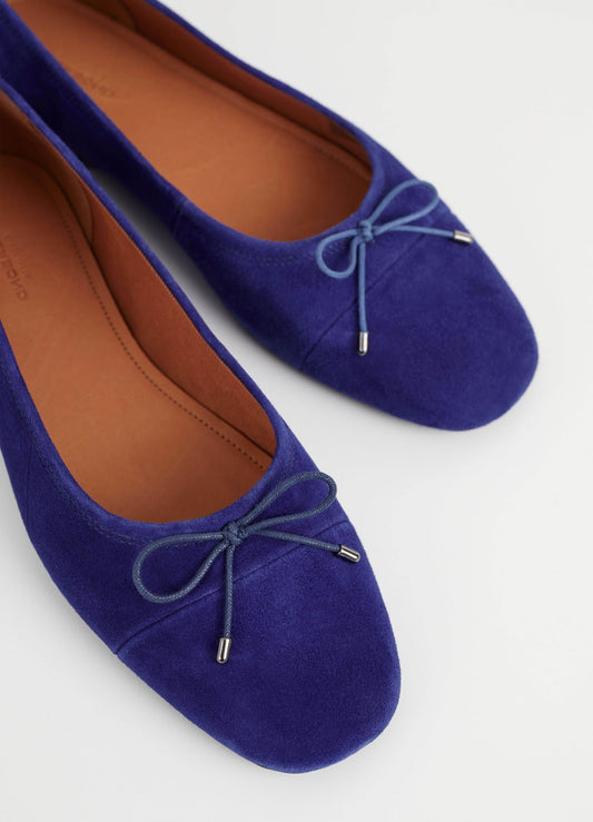 Cobalt blue suede ballet shoe with bow detail