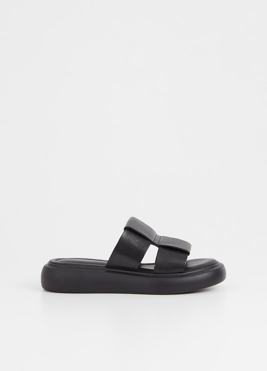 Black leather upper slider style sandal with a chunky black sole