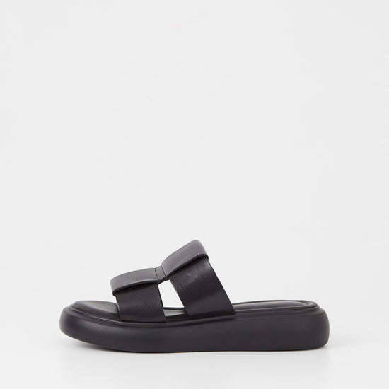 Black leather upper slider style sandal with a chunky black sole