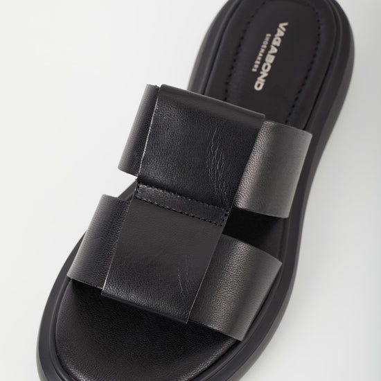 Black leather upper slider style sandal with a chunky black sole