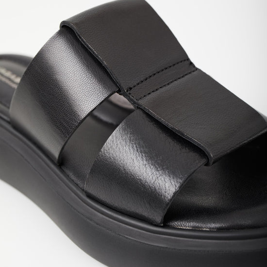 Black leather upper slider style sandal with a chunky black sole