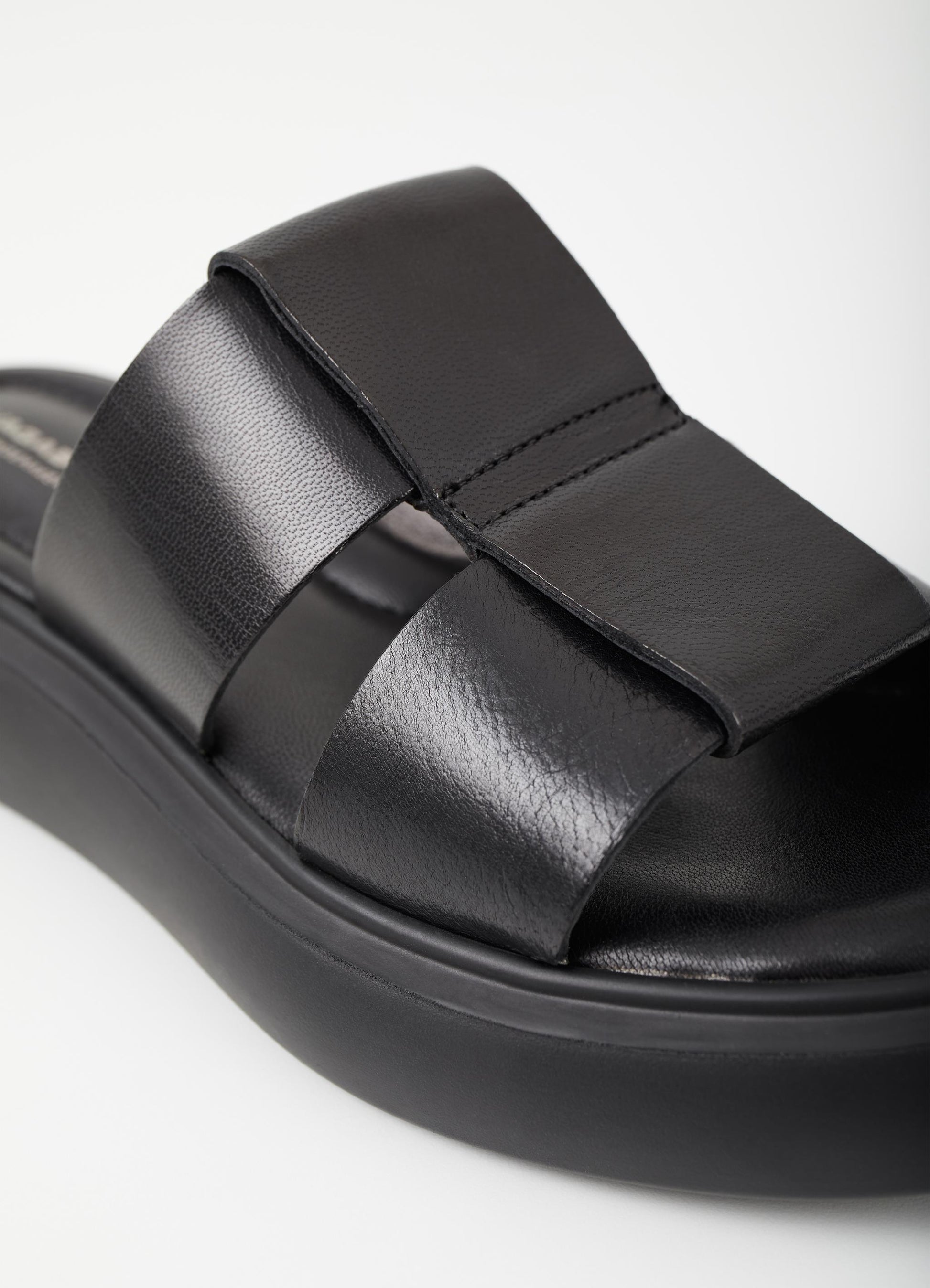 Black leather upper slider style sandal with a chunky black sole