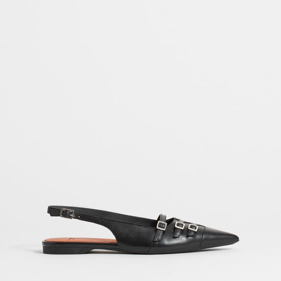 Black low slingbacks with silver buckle details