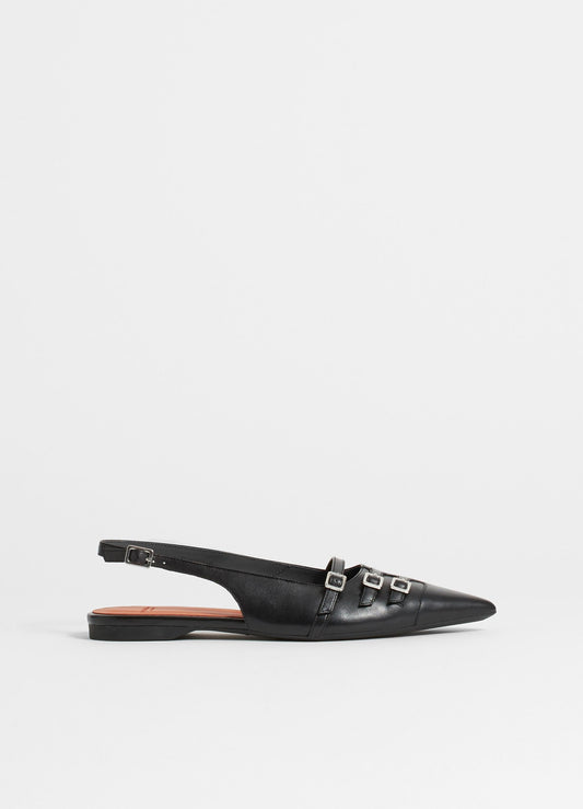 Black low slingbacks with silver buckle details