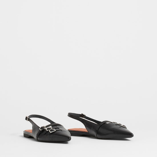 Black low slingbacks with silver buckle details