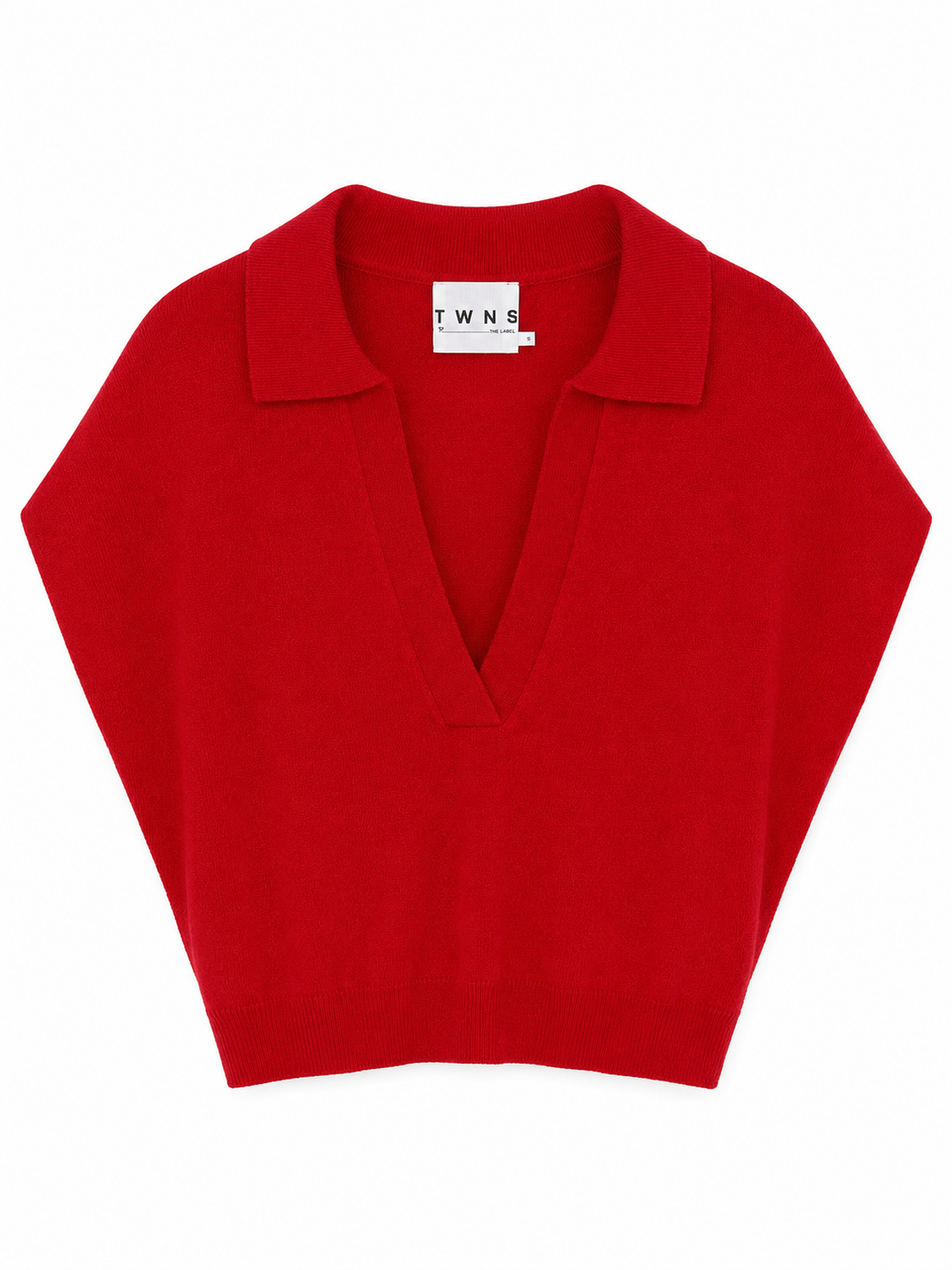 A bright red knit polo sweater with a V-neckline, laid flat against a solid white background.