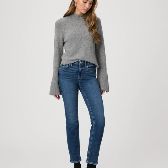 blue slim straight leg jeans with natural fading and slight ankle crop