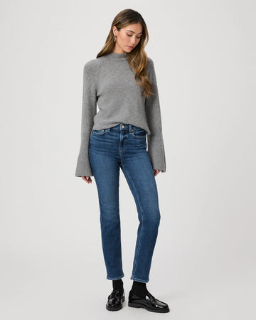 blue slim straight leg jeans with natural fading and slight ankle crop