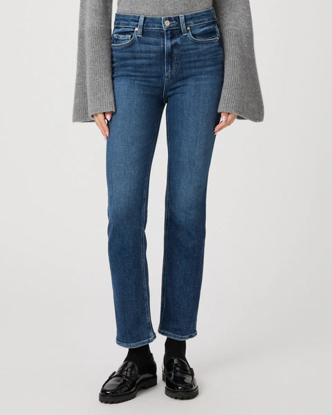 blue slim straight leg jeans with natural fading and slight ankle crop