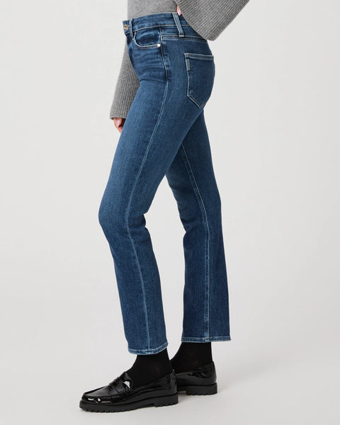 blue slim straight leg jeans with natural fading and slight ankle crop side view 