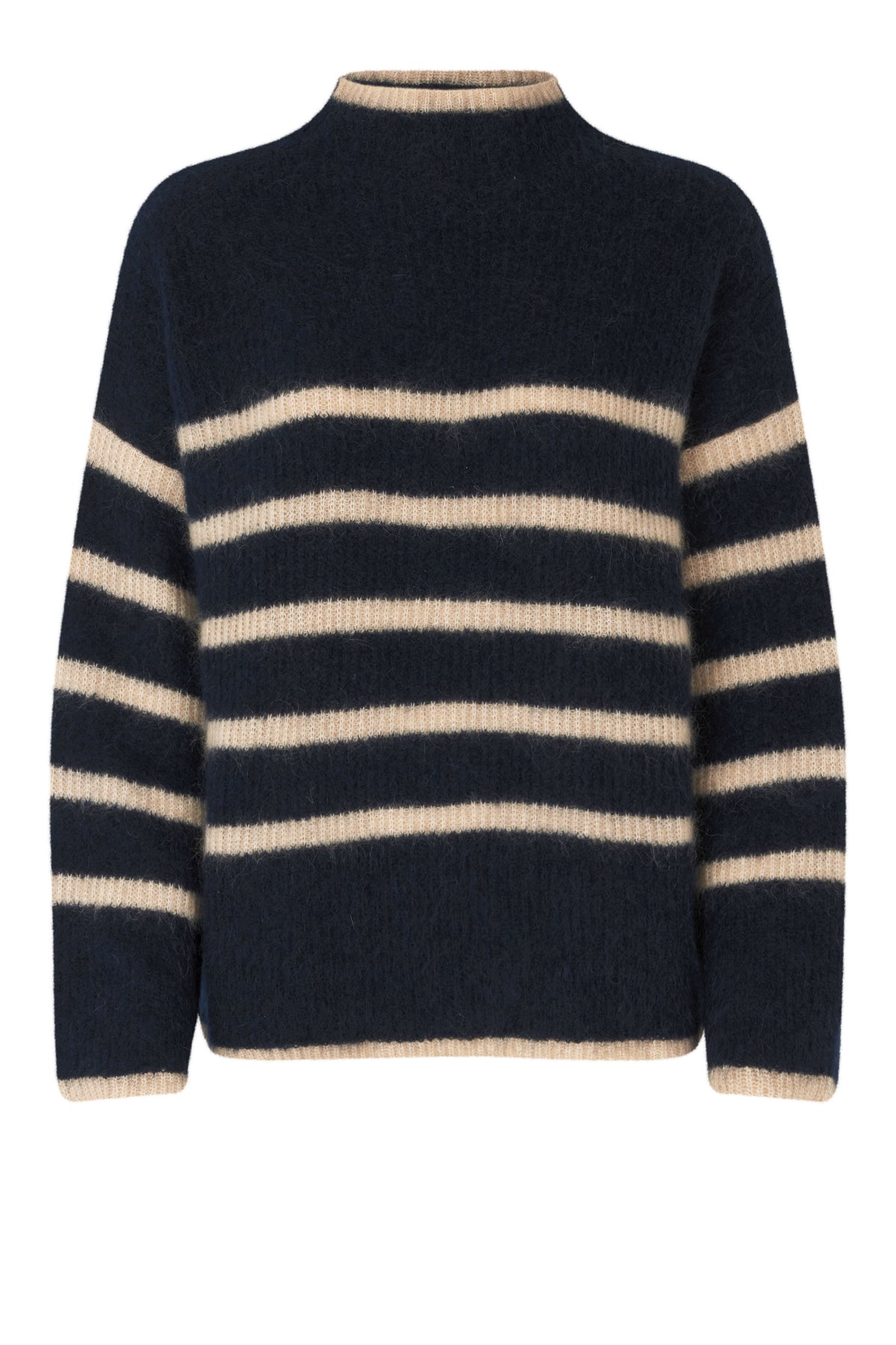 Funnel neck navy and taupe striped jumper