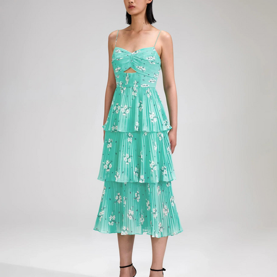 Aqua midi dress with spaghetti straps and pleated triple tiered skirt with small cut out in the bodice