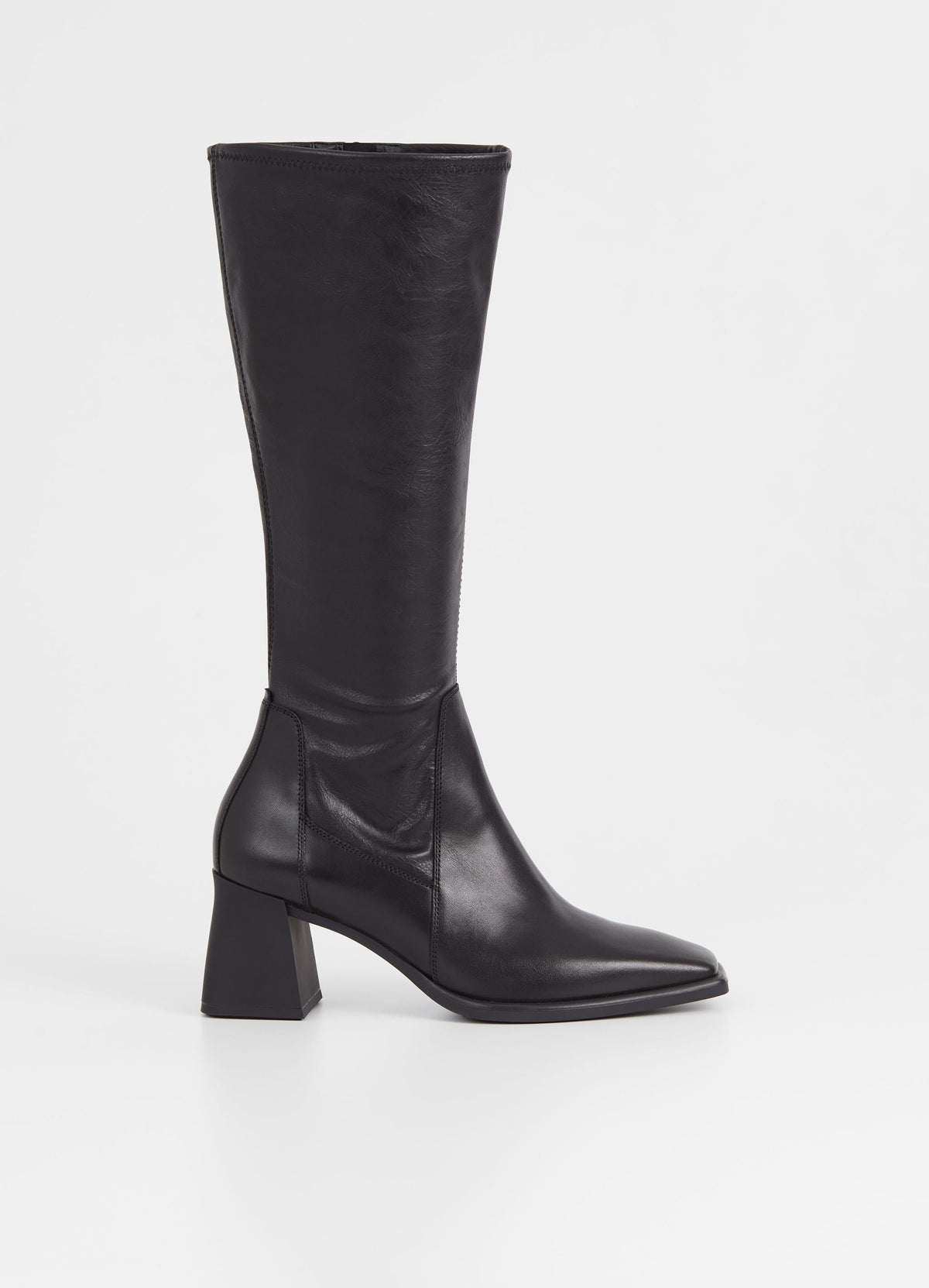 Tall black leather boot with flared block rubber heel and inside zip fastening
