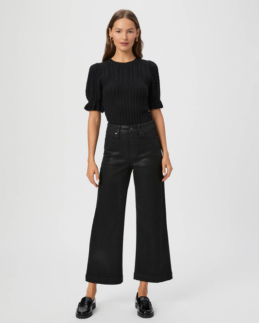 wide leg black jeans with waxy coating