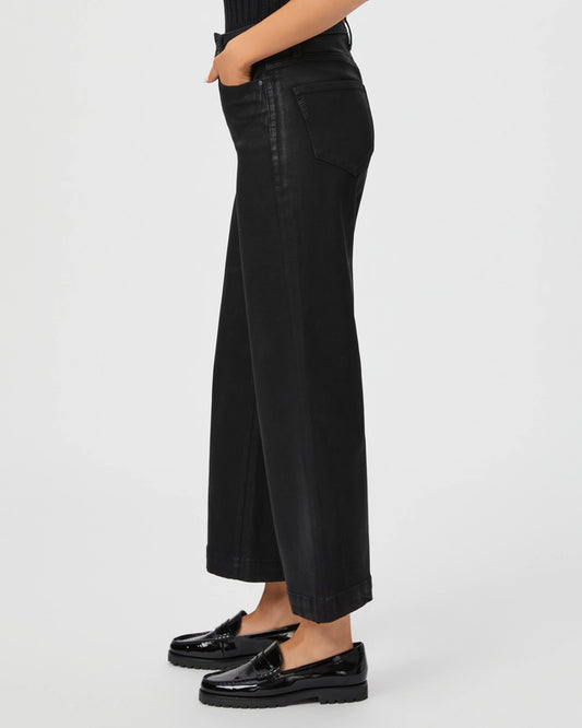 wide leg black jeans with waxy coating side view 