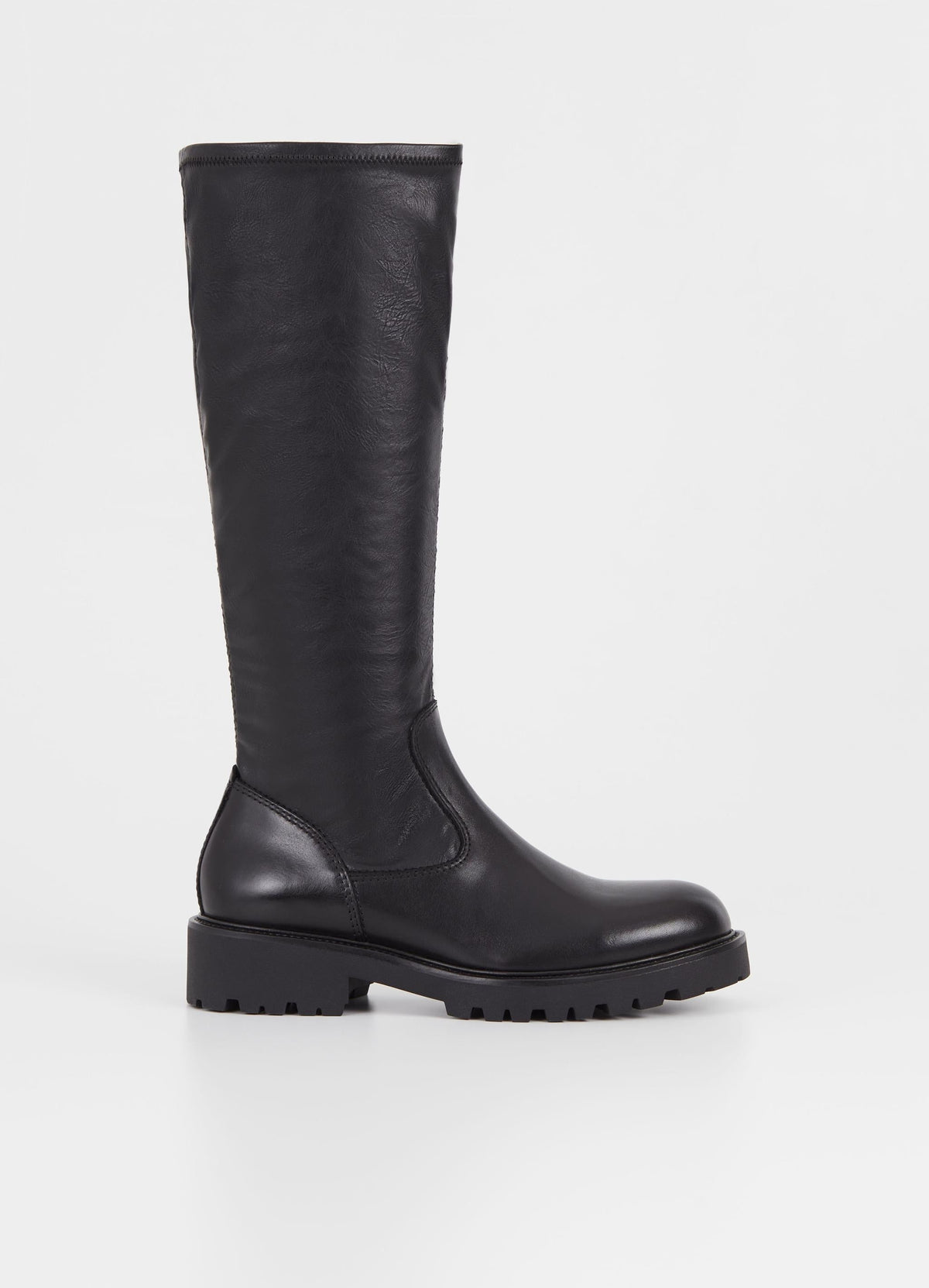 Knee high leather boot with side zip and rubber sole