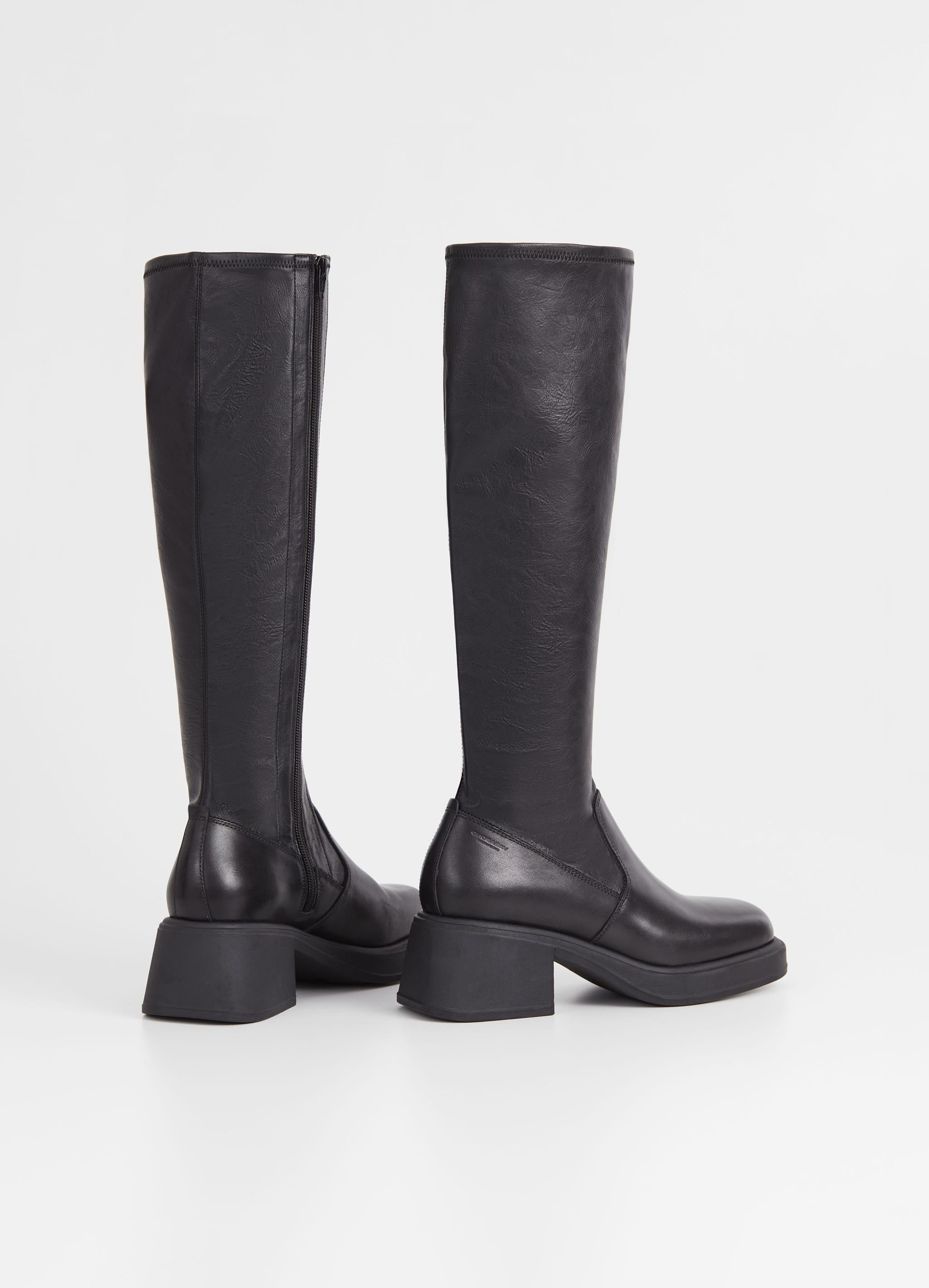 Tall leather and synthetic leather boots with moulded chunky sole and block heel