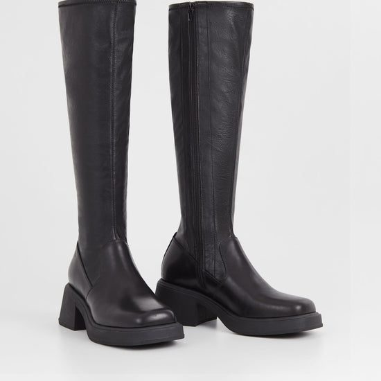 Tall leather and synthetic leather boots with moulded chunky sole and block heel