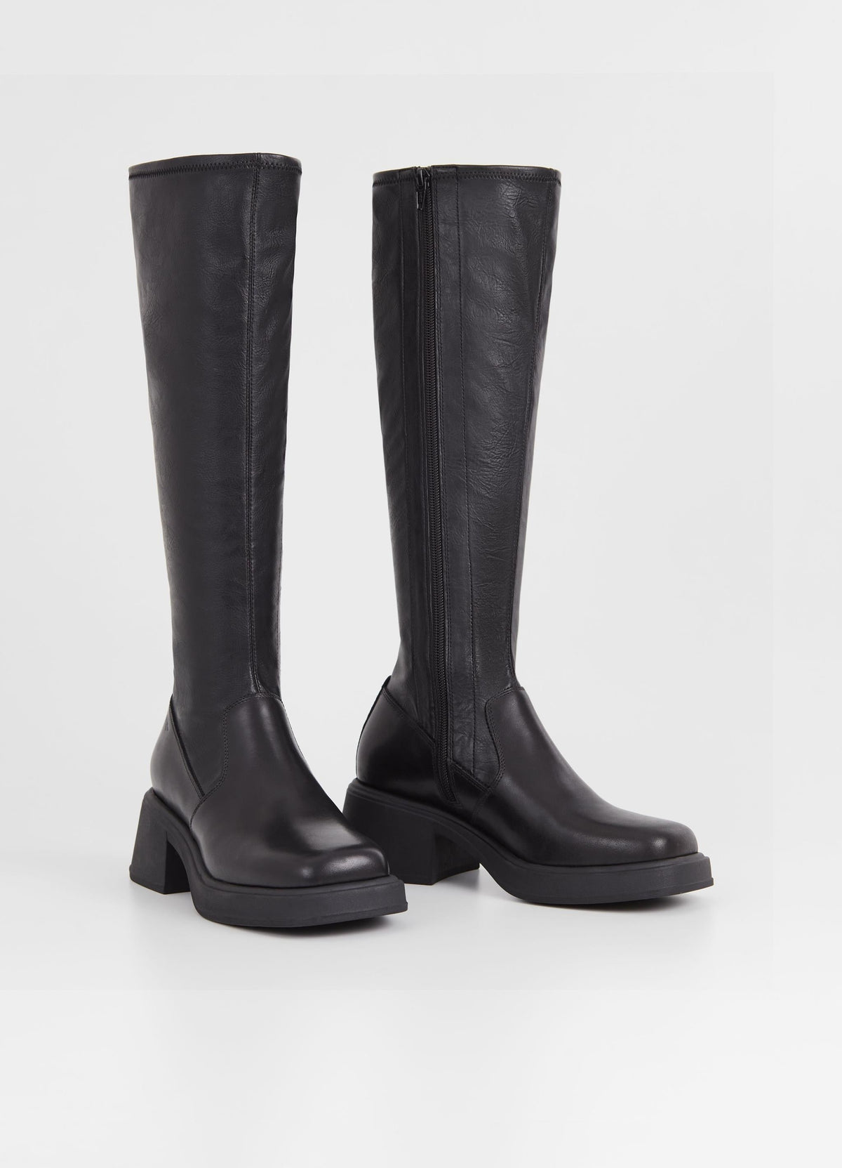 Tall leather and synthetic leather boots with moulded chunky sole and block heel