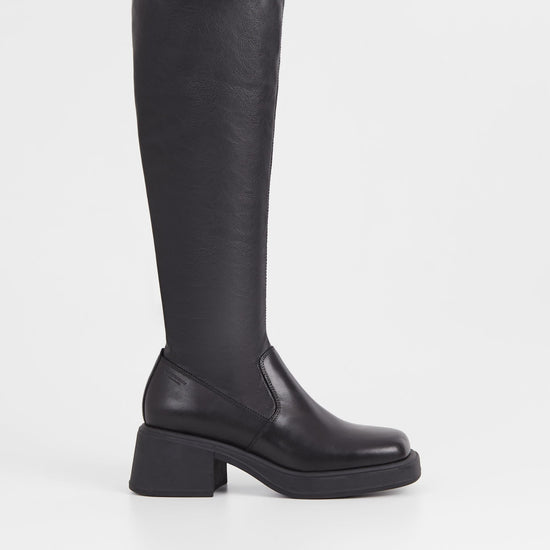 Tall leather and synthetic leather boots with moulded chunky sole and block heel