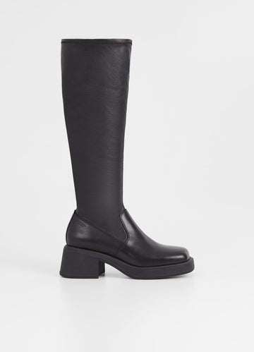 Tall leather and synthetic leather boots with moulded chunky sole and block heel