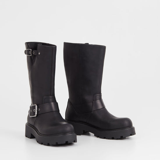 Leather black biker boot with chunky sole and heel and buckle details