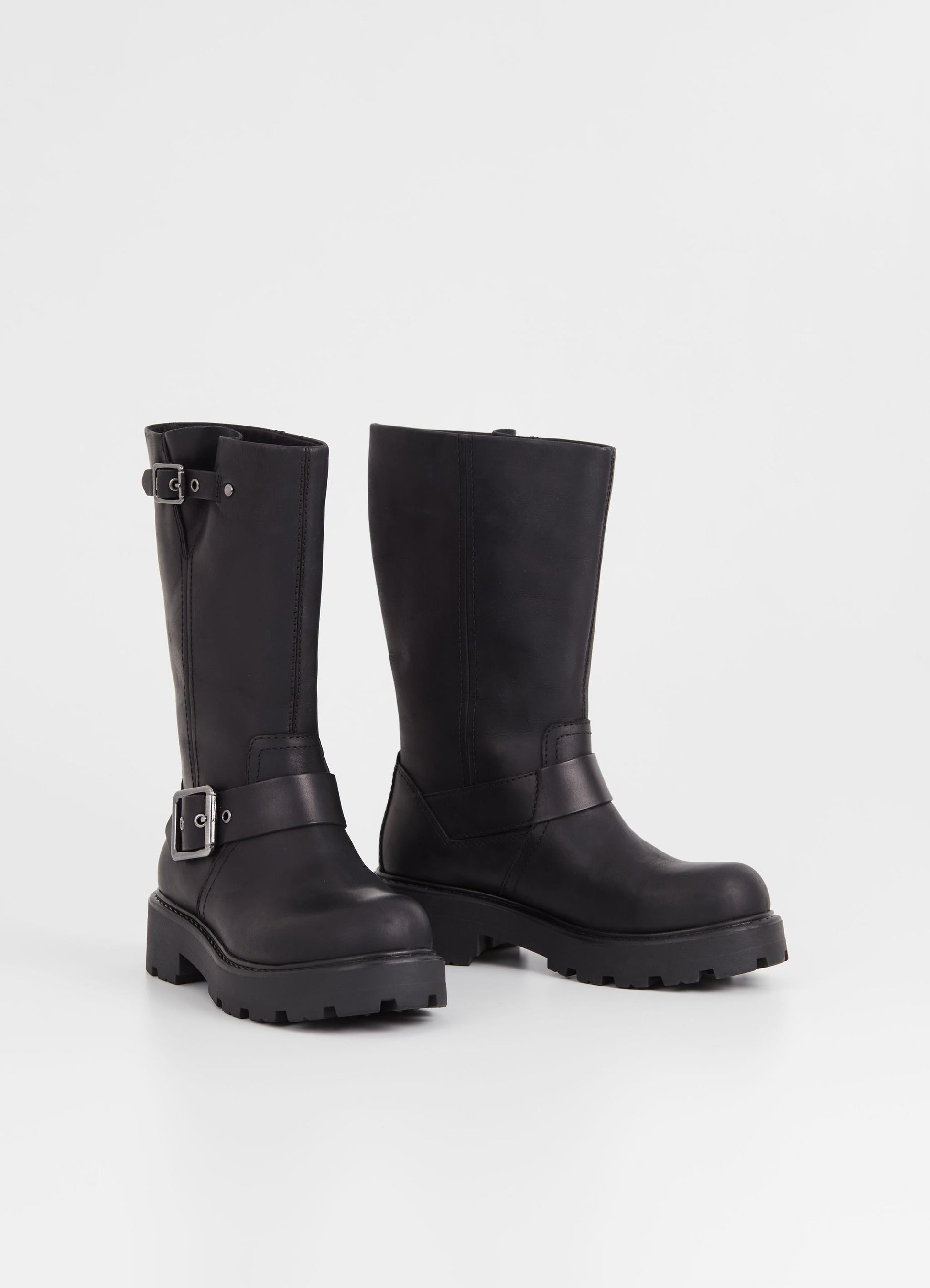 Leather black biker boot with chunky sole and heel and buckle details