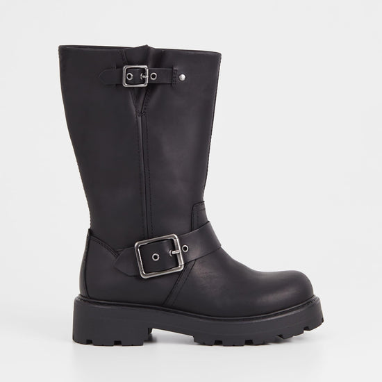 Leather black biker boot with chunky sole and heel and buckle details