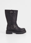 Leather black biker boot with chunky sole and heel and buckle details