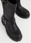 Leather black biker boot with chunky sole and heel and buckle details