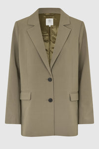 Khaki taupe single breasted blazer with double button fastening notch lapel and two front flap pockets