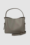 Taupe khaki structured leather bag with cross body strap and wide handle
