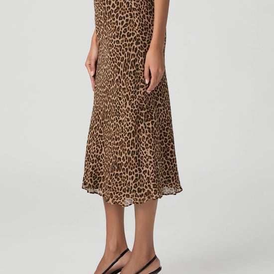 Side view of silk leopard print slip skirt