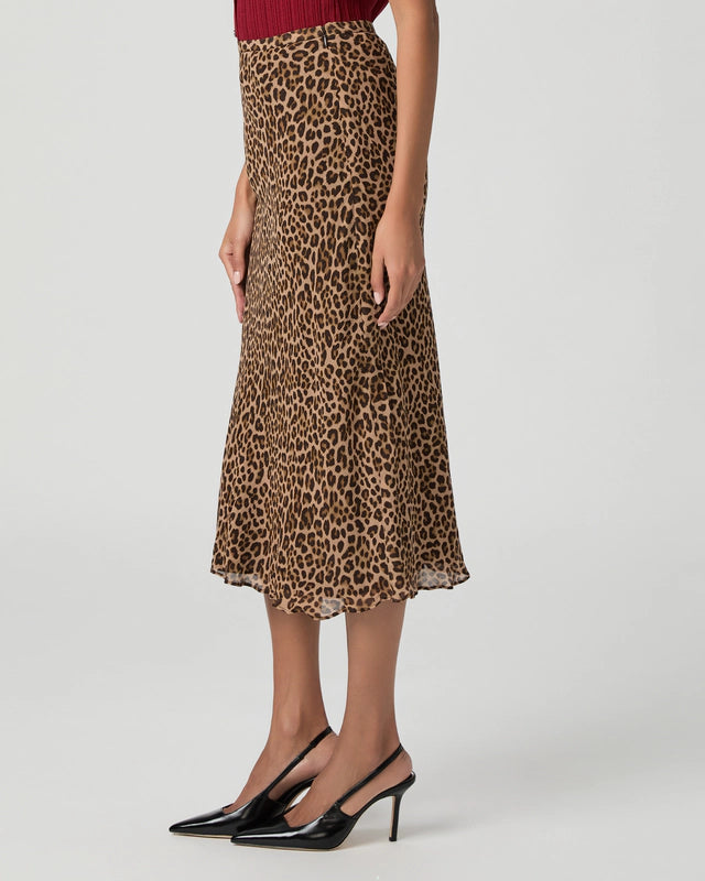 Side view of silk leopard print slip skirt