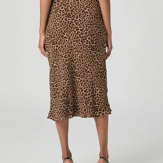 Rear view of leopard print silk slip skirt
