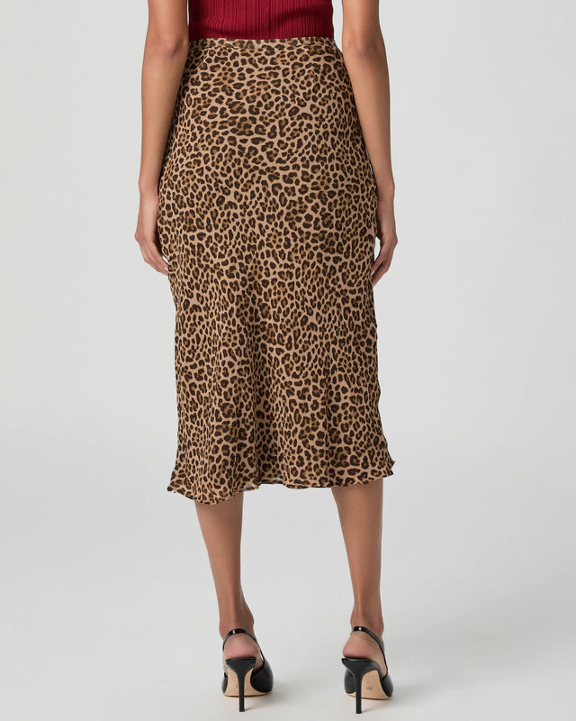 Rear view of leopard print silk slip skirt