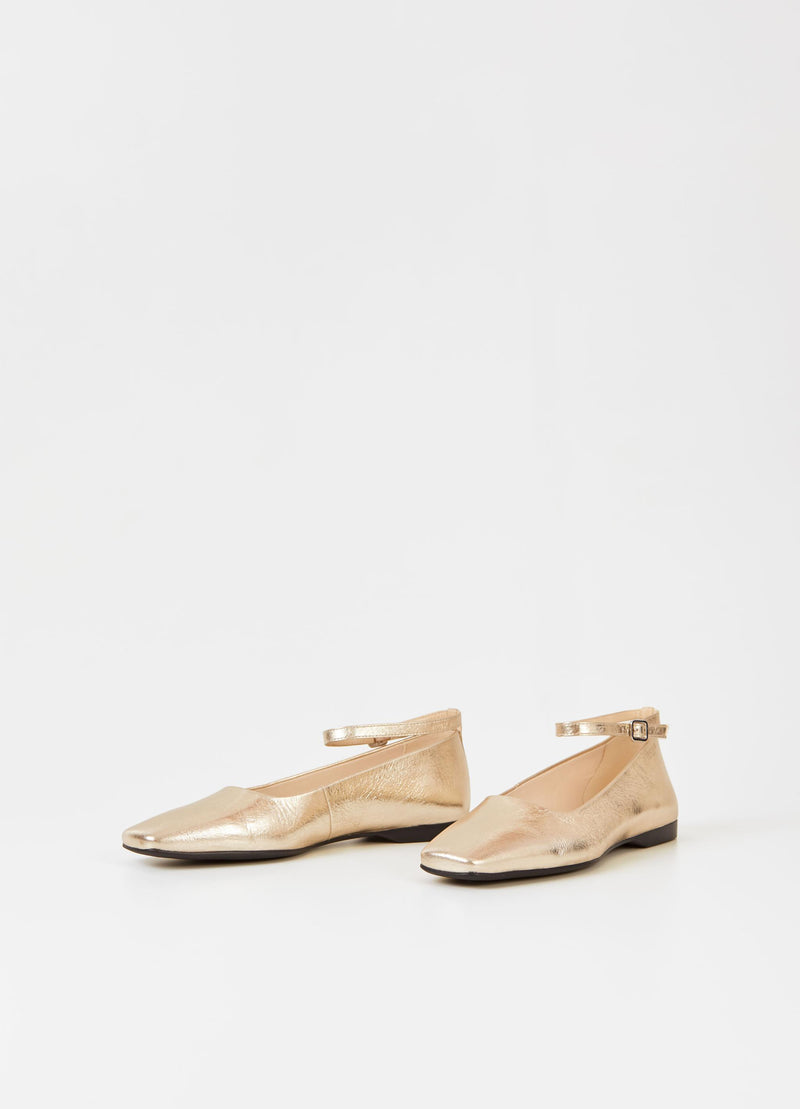 Square toe ballet style shoe with slim ankle strap in gold leather